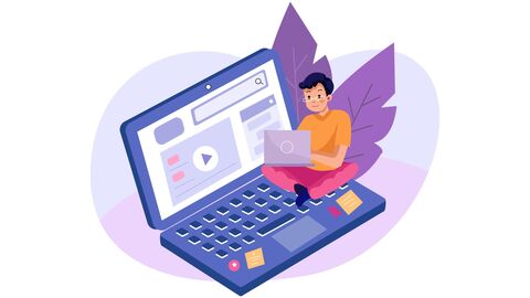 Leben im Internet Illustration: Jubge sitzt im Schneidersitz auf einem überlebensgroßen Laptop und surft lächelnd in seinem eigenen Laptop