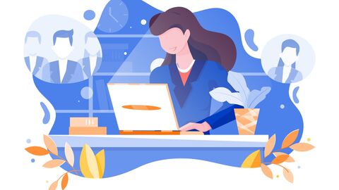 Zusammenarbeit Illustraztion eienr Frau am Schreibtisch am Laptop. In ihren Gedanken weitere Kollegen und eine Koleegin.