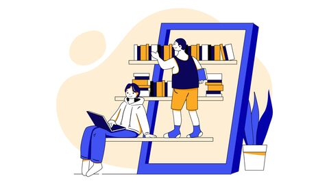 Lesen geht auf Papier oder digital Illustration: Zwei junge Menschen auf einem übergroßen Bücherregal, das in einen riesigen digitalen Bildschirm übergeht. Es soll digitales Lesen oder "Onleihe" dargestellt werden
