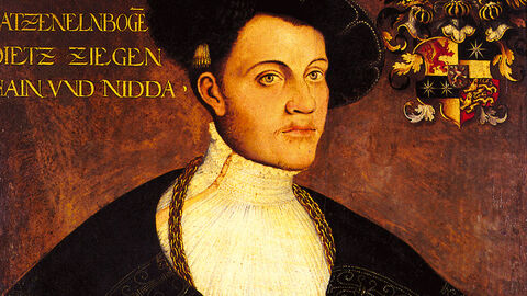 Philipp der Großmütige, Landgraf von Hessen 1518 - 1567 gemaltes Portrait des Landgrafen Philipp, er trägt eine weißes Hemd mit Stehkragen, einen schwarzen Hut, den er schräg auf dem Kopf hat und einen schwarzen Umhang