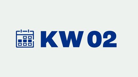 Grafik mit der Aufschrift "KW 02" für "Kalenderwoche 2"