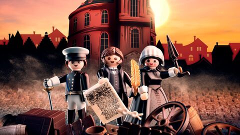 Playmobilfiguren Drei Playmobilfiguren der Ausstellung "175 Jahre Paulskirche"
