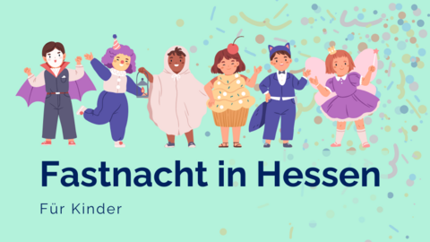 Fastnacht in Hessen für Kinder Illustraion: Mehrere bunt verkleidete Kinder stehen fröhlich in eienr Reihe im Konfettiregen.