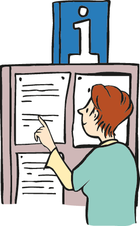 An der Tafel hängen Informationen.